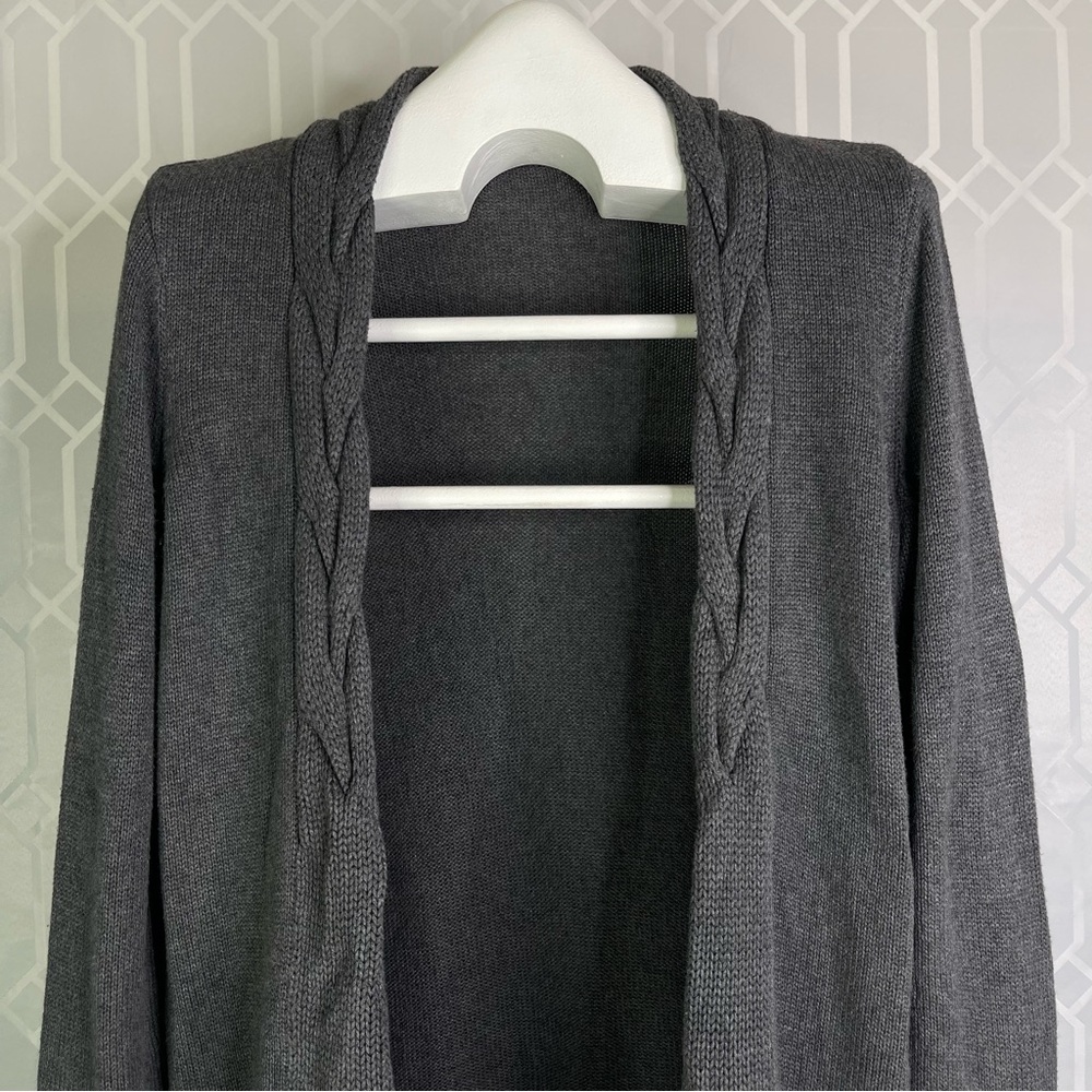 Christopher & Banks Grey Cable Trim Open Front Waterfall Cardigan Medium